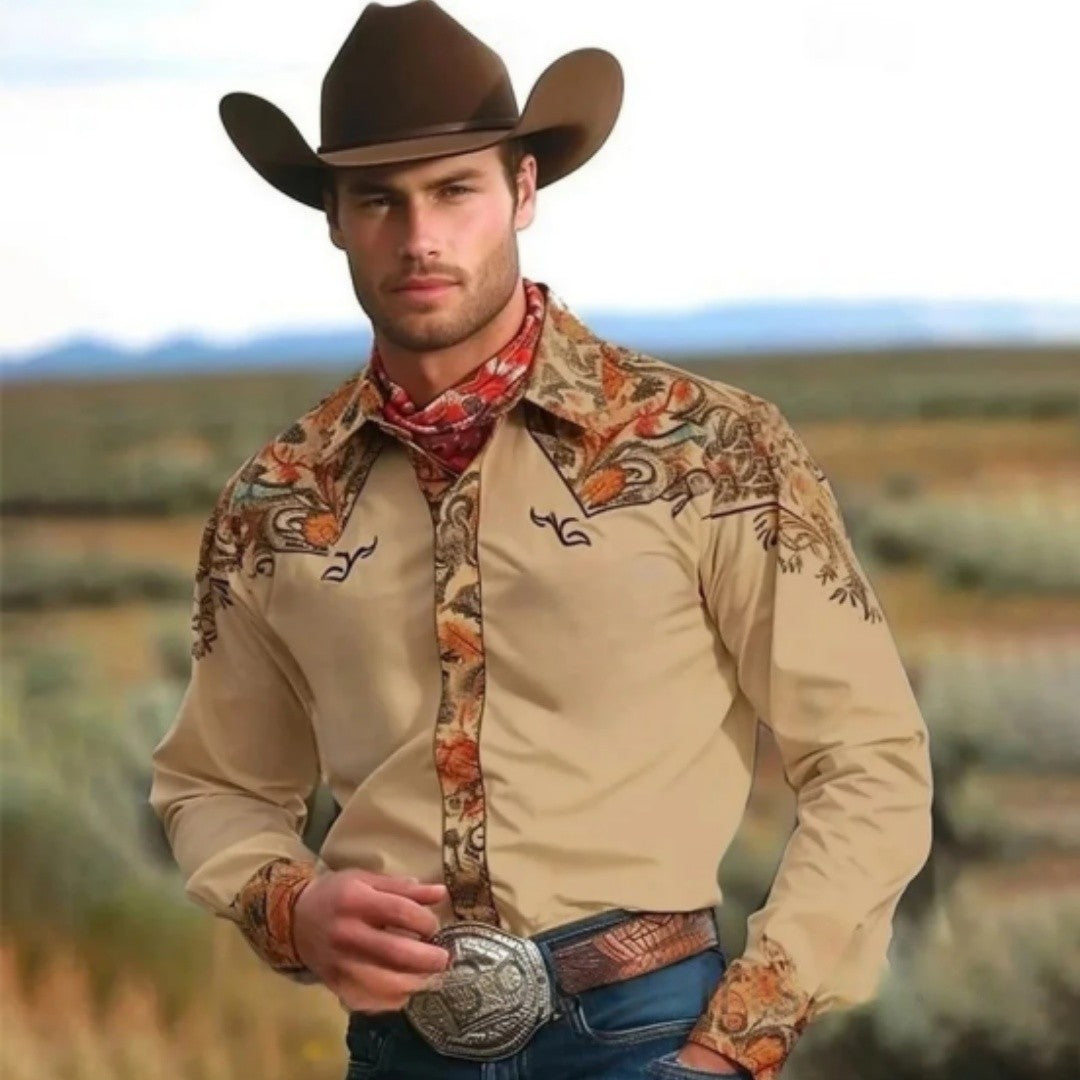 Men's retro western denim shirt, a must-have top for daily shopping, fashionable and casual lapel shirt, soft and comfortable