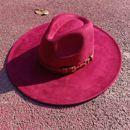 Suede fedora hat with same color accessories teardrop top wide brim hat for men and women Panama hat chapeau homme   sombrero