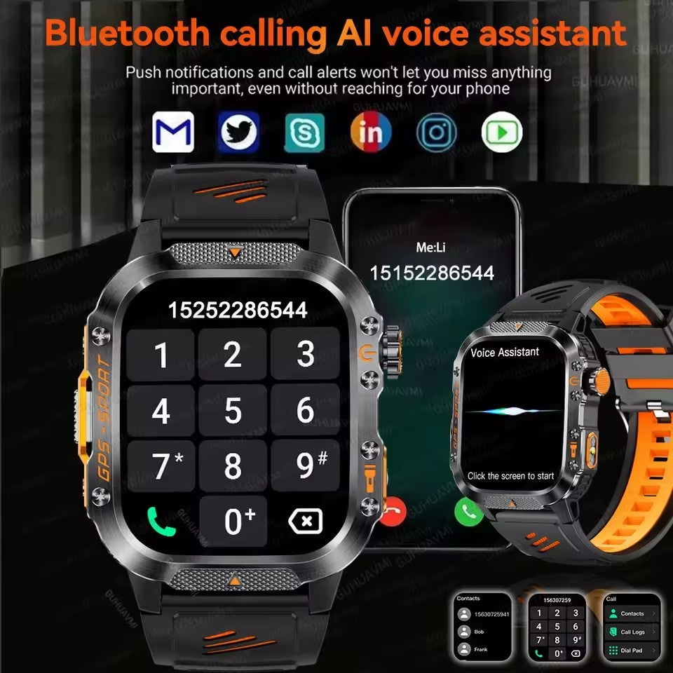 2026 Novas pulseiras inteligentes militares de GPS para ambientes externos, bússola masculina, frequência cardíaca, chamada BT, lanterna LED, Smartwatch à prova d'água 10ATM para natação