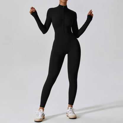 Women Yoga Jumpsuit Fitness Sports Suit Zipper Elastic One-Piece Bodysuits Gym Long Sleeve Gym Runing Push Up Workout Sportwear