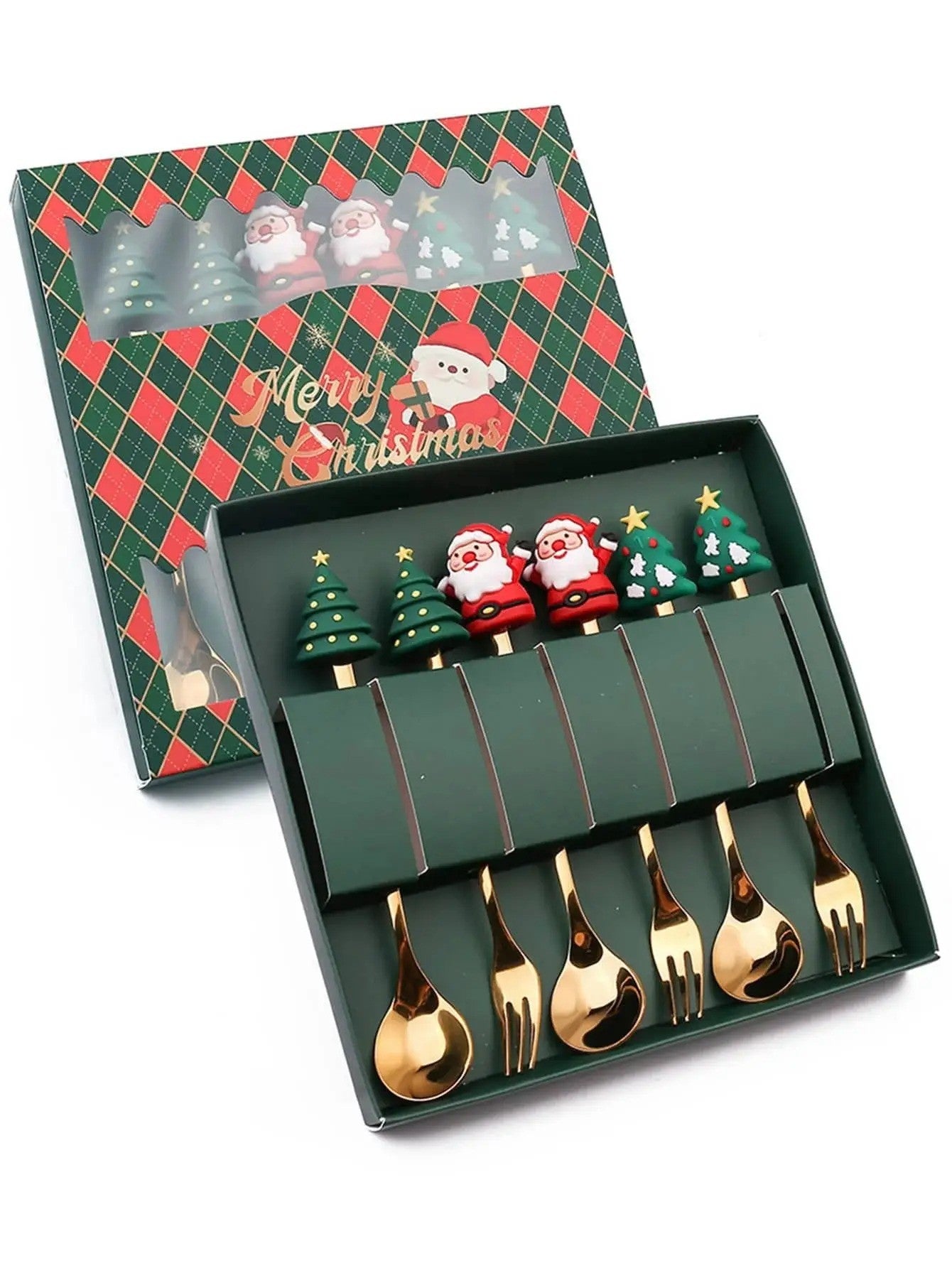 Conjunto de 6 Garfos e Colheres de Natal em Aço Inoxidável, Talheres Criativos para Café, Chá, Sobremesa, Conjunto de Presente