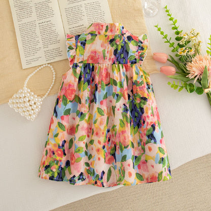 Baby Girl Dress, Summer New Sweet Flower Ruffled Sleeve Children'S Sleeveless Clothes Suitable For 0-3 Years Old