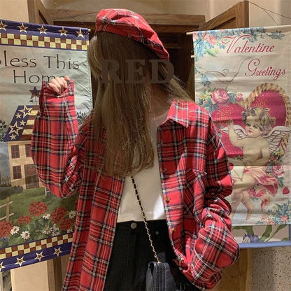 Scottish Red Plaid Shirt Luxury Hong Kong Style Vintage Loose Fit Women's Button up Shirt Polo Collar Full Sleeve Slim Fit