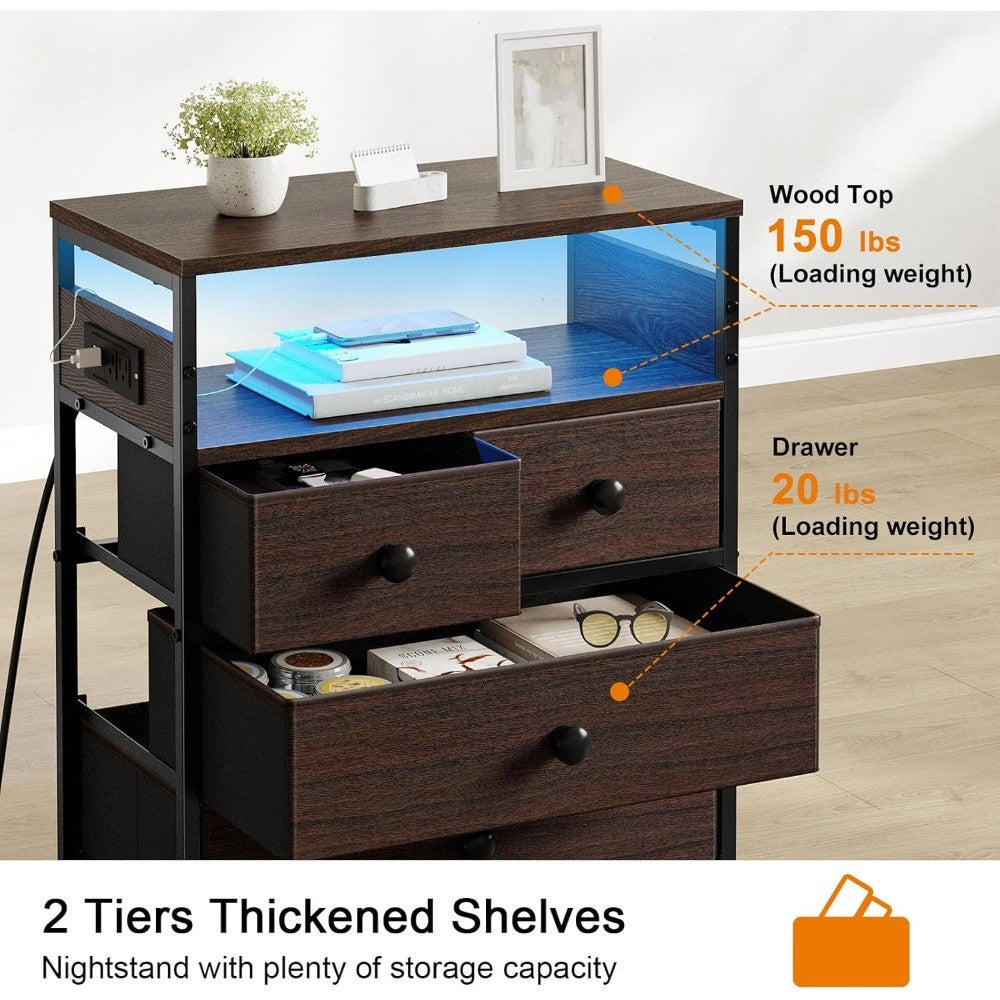 Nightstand with Charging Station, Bedside Table with 4 Drawers and 2-Tier Shelf, Modern End Table with Wooden Top for Bedroom