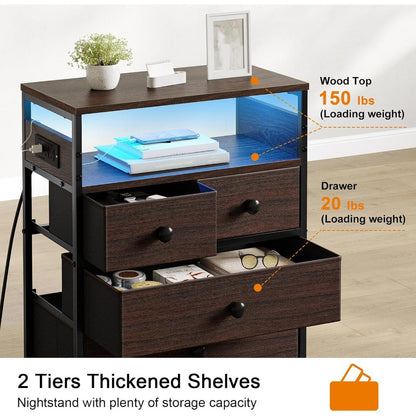 Nightstand with Charging Station, Bedside Table with 4 Drawers and 2-Tier Shelf, Modern End Table with Wooden Top for Bedroom