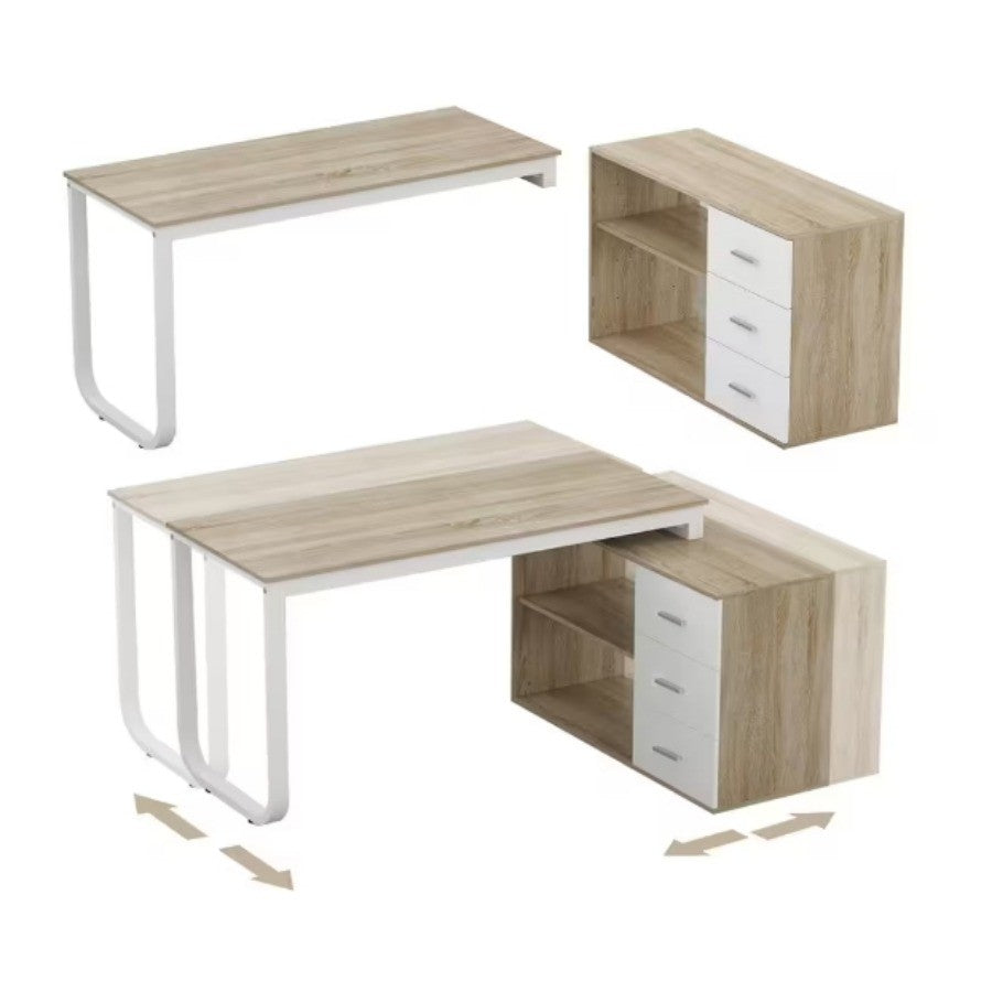 55.1 in. L Shaped Oak and White Wood with 3-Drawer Computer Desk Writing Desk Study Table Home Office,easy to assemble