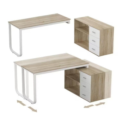 55.1 in. L Shaped Oak and White Wood with 3-Drawer Computer Desk Writing Desk Study Table Home Office,easy to assemble