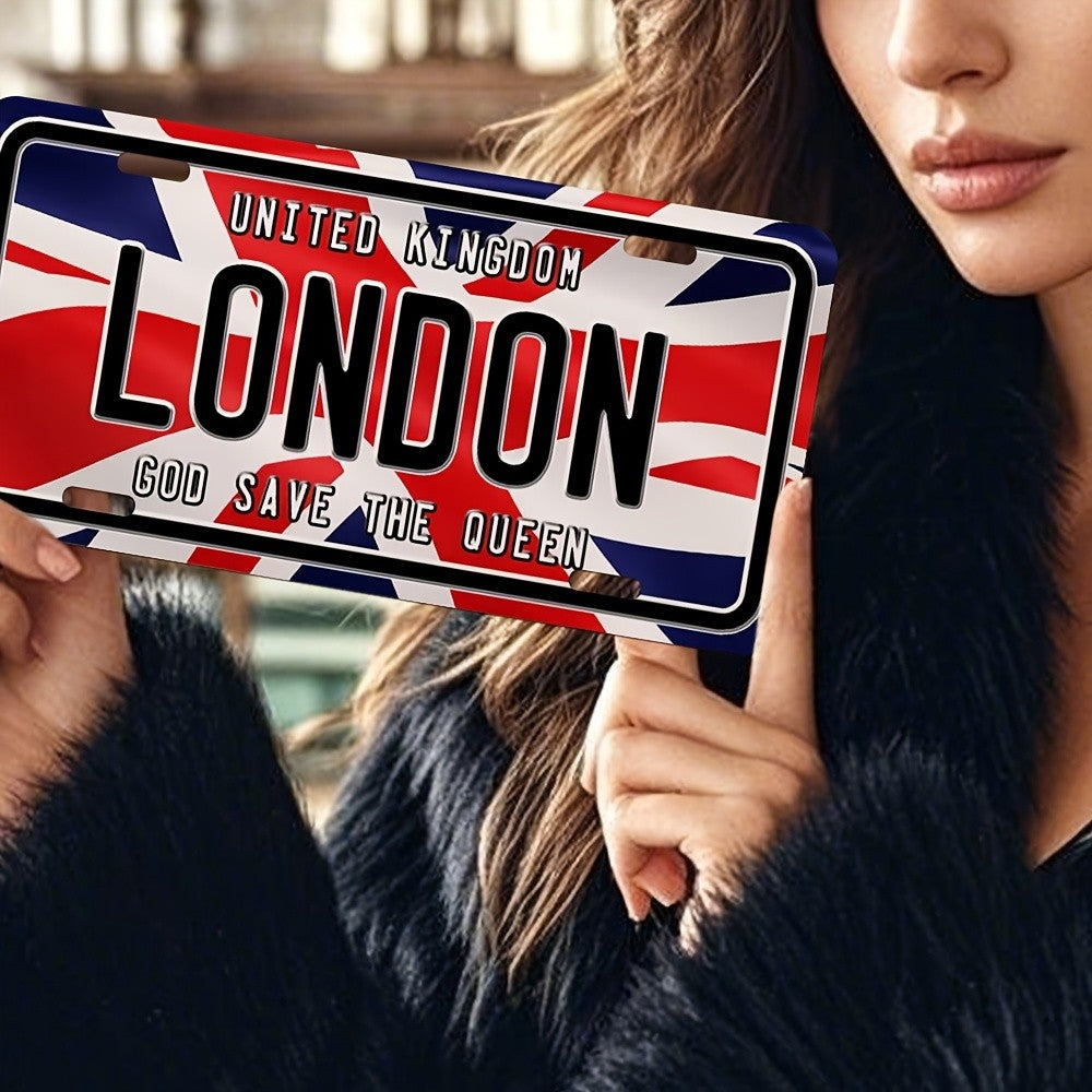 British Union Jack & God Save The Queen Metal Wall Sign - 8"x3.5" Retro London License Plate Design, Classic Garage Home Office