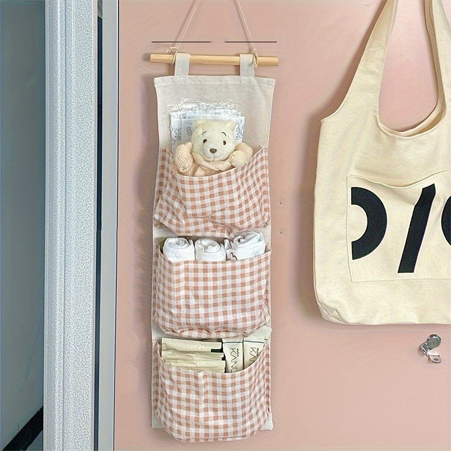 Multi-pocket Hanging Pink Checkered Storage Bag Fabric Hanging Bag Cute Pink Space Saving Style Bedroom Organizers and Storage