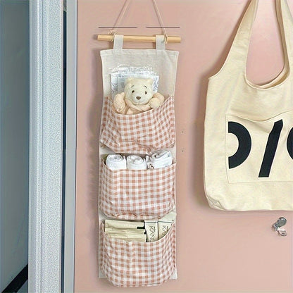 Multi-pocket Hanging Pink Checkered Storage Bag Fabric Hanging Bag Cute Pink Space Saving Style Bedroom Organizers and Storage