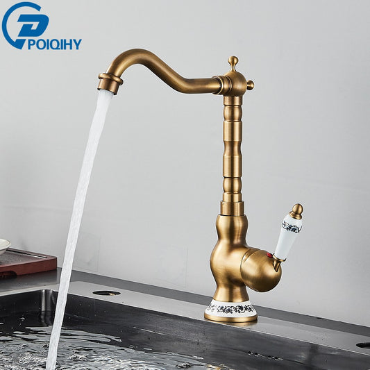 Antique Brass Bathroom Faucet Rotating Spout Basin Sink Mixer Tap Bathroom Kitchen Washing Faucet Washbasin Taps Kitchen Mixers