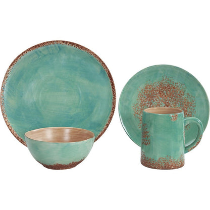 Patina Turquoise 16 Piece Ceramic Southwestern Rustic Cabin Dinnerware Set with Plates, Bowls and Mugs