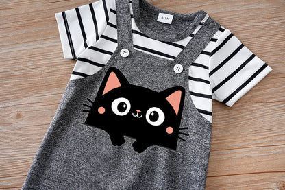 IURNXB Newborn Baby Romper Summer Cat Printed Short Sleeve Stripe Jumpsuit Infant One Piece Outfit for Boys Girls Unisex 0-18M