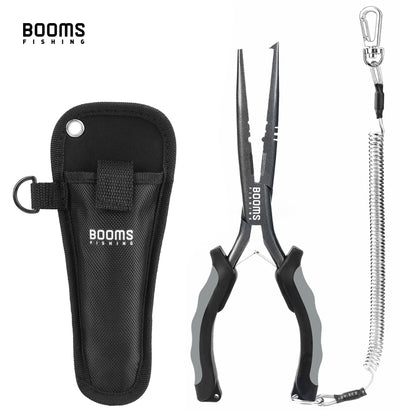Alicate de Pesca Multifuncional Booms Fishing F03 23,5cm Bico Reto Longo Aço Inoxidável Cortador de Linha Tesoura Ferramenta