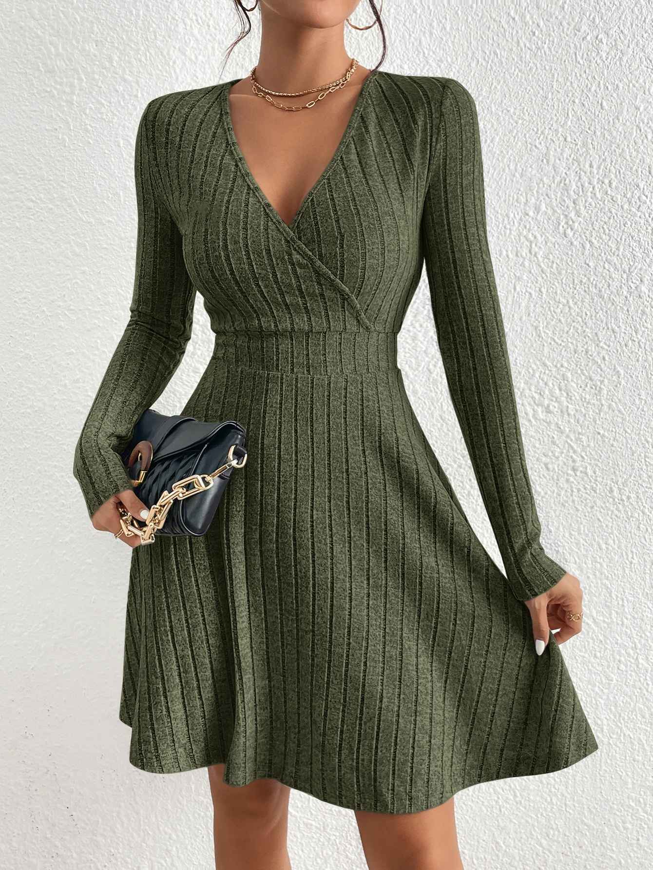 New for autumn/Winter 2024 Women Knit Slim Sexy Bodycon Dress V-Neck Long Sleeve