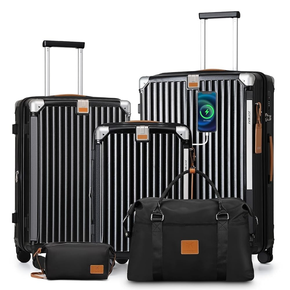 Conjunto de malas Joyway 3/5 peças pretas, malas expansíveis de 20/24 polegadas, porta-copos, trava TSA, rodas antiderrapantes, leves e duráveis