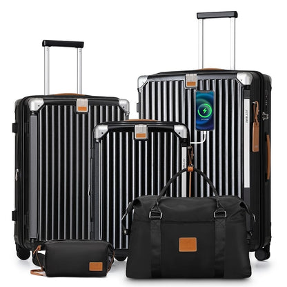 Conjunto de malas Joyway 3/5 peças pretas, malas expansíveis de 20/24 polegadas, porta-copos, trava TSA, rodas antiderrapantes, leves e duráveis