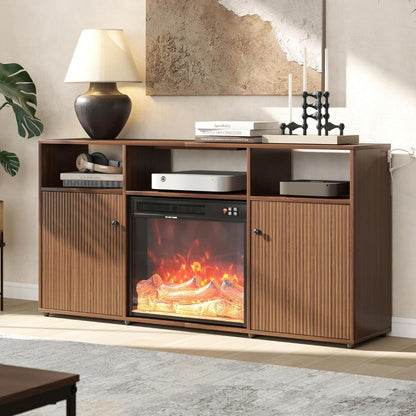 Mid Century Modern Electric Fireplace, TV Stand for Living Room and Bedroom, Retro Entertainment Center for 55 60 65 Inch TVs, 5