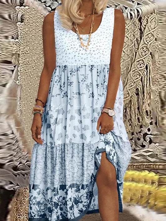 Plus Size Casual Women's Midi Dress 2025 Summer New Floral Printed Sleeveless Fl