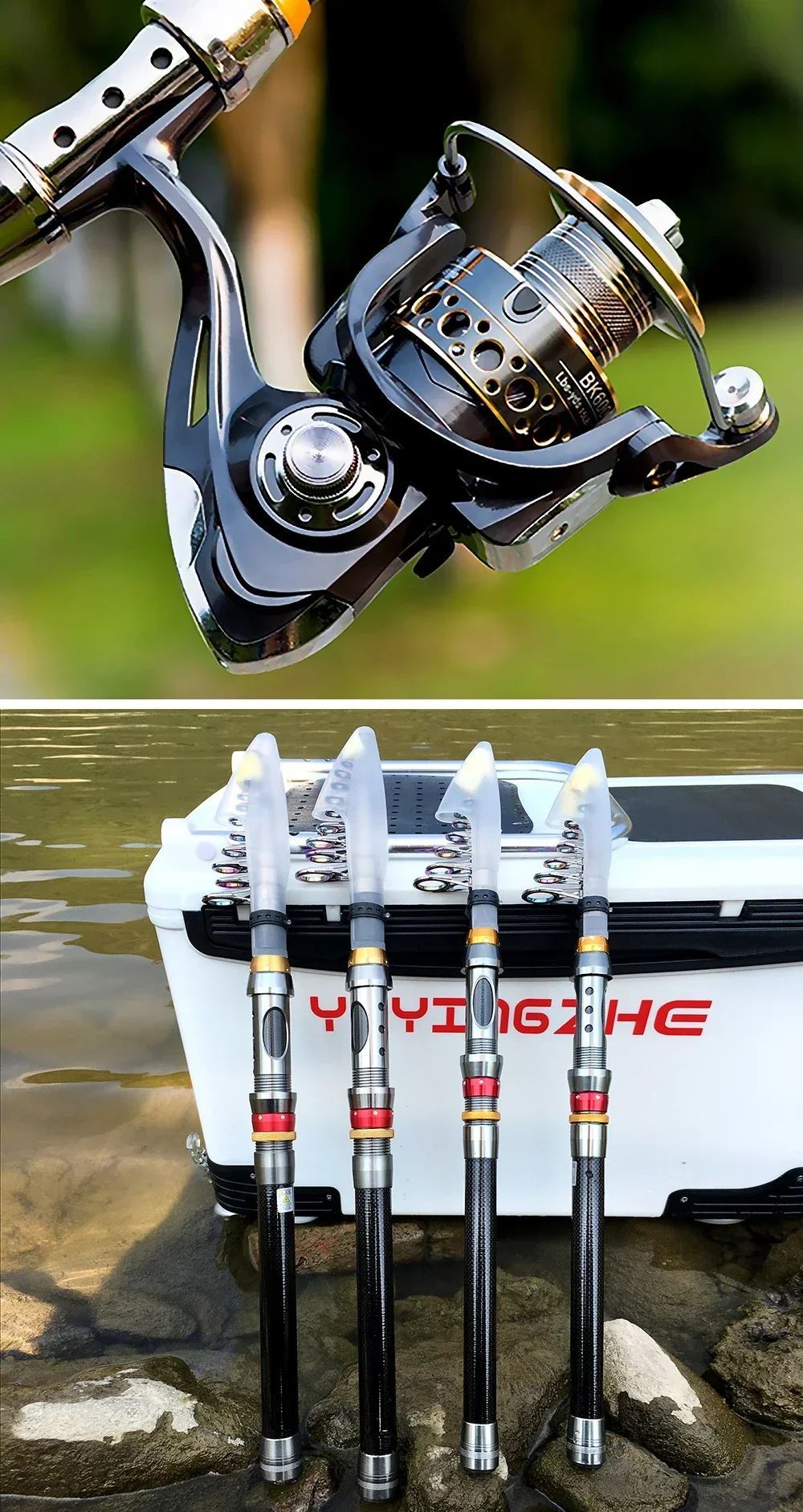 Conjunto Vara e Carretilha de Pesca Spinning 1.8-3.6m Fibra de Carbono para Pesca em Mar e Carretel de Metal com Relação de Recolhimento 5.2:1 com Linhas para Baixo e Carpa