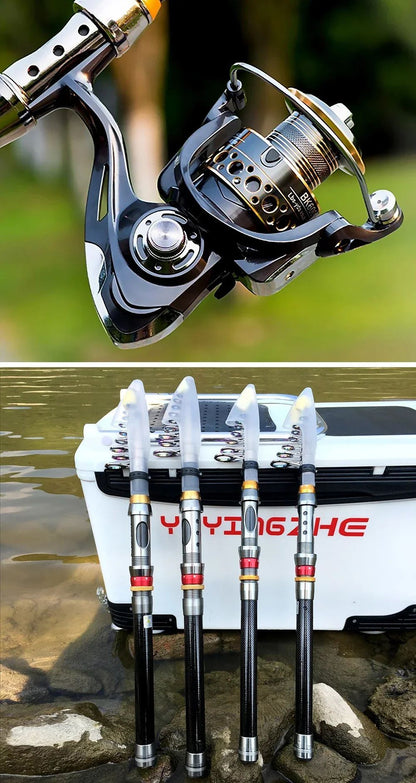 Conjunto Vara e Carretilha de Pesca Spinning 1.8-3.6m Fibra de Carbono para Pesca em Mar e Carretel de Metal com Relação de Recolhimento 5.2:1 com Linhas para Baixo e Carpa