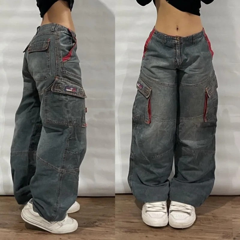 Y2K American New Pattern Embroidery Wash Baggy Jeans Men High Street Vintage Hip Hop Fashion Casual Joker Couple Wide-leg Pants