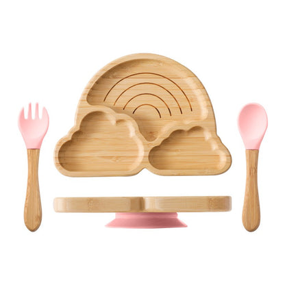 Baby Wooden Tableware Set Could Bamboo Wooden Plate Bowl Silicone Suction Wooden Handle Fork Spoon for Children Feeding Supplies