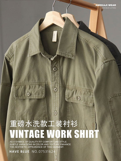 2025 Spring New American Retro Heavyweight Woven Cargo Shirt Men's Simple 100% Cotton Washed Double Pocket Blousers Loose Caot