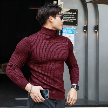 New Men's Turtleneck Sweaters Autumn Knitted Striped Streetwear Warm Long Sleeved Pullover Solid Color Basic Style Casual Tops