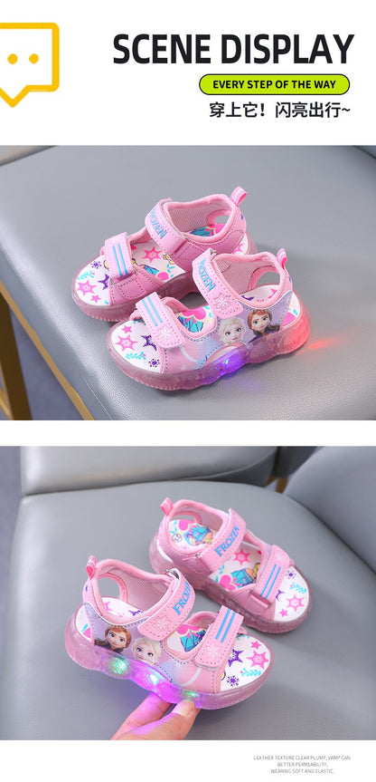 Disney Boys Girls Frozen Elsa Princess Led Light Up Luminous Sports Sandals Summer Kids Sandals Non-slip Toddler Shoes