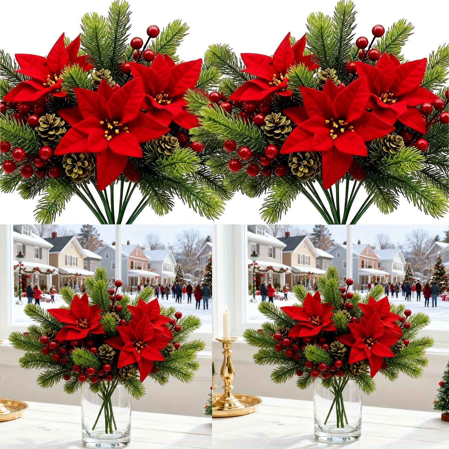 5Pcs 36cm Christmas Poinsettia Picks, Velvet Red Floral Stems with Pine Berries Pine Cones, Fake Xmas Flowers for Vase Table Decoration