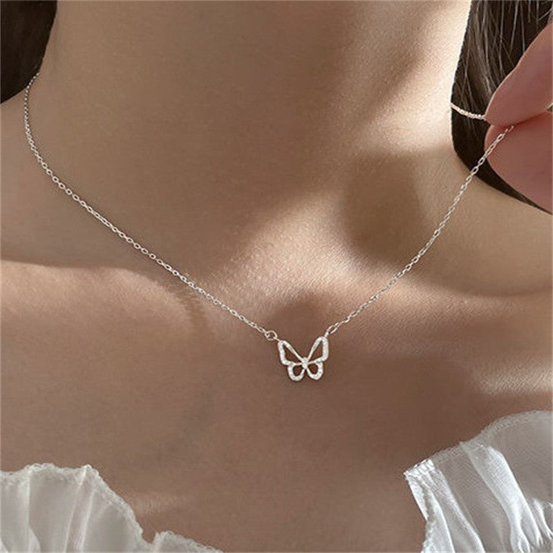 Novo Colar de Borboleta Brilhante Feminino Requintado Colar de Corrente Dupla Camada na Clavícula Joias para Presente Feminino