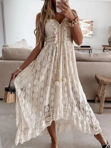 2024 Summer Lace Sleeveless Women Dress V Neck Hollow Out Elegant Loose Dresses