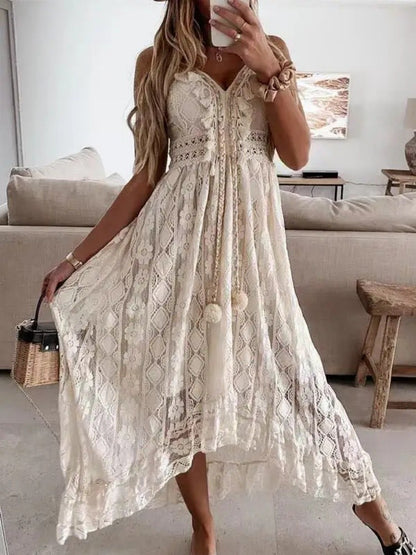2024 Summer Lace Sleeveless Women Dress V Neck Hollow Out Elegant Loose Dresses