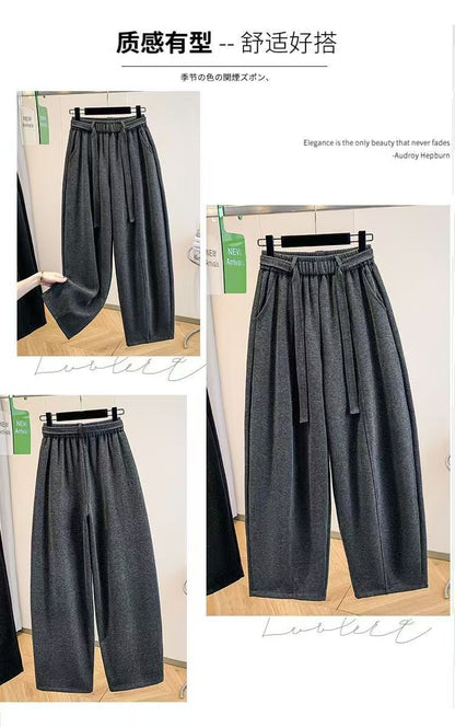 2025 Autumn Winter New All-match Fashionable Solid Color Elastic Waist Wide Leg Pants Women Clothes Casual Drawstring Trousers