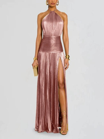 Gold Halter Neck Evening Dress Woman Chic Solid Color Pleated Backless Package Hip Slit Dress Fashion Trendy Lady Party Vestidos