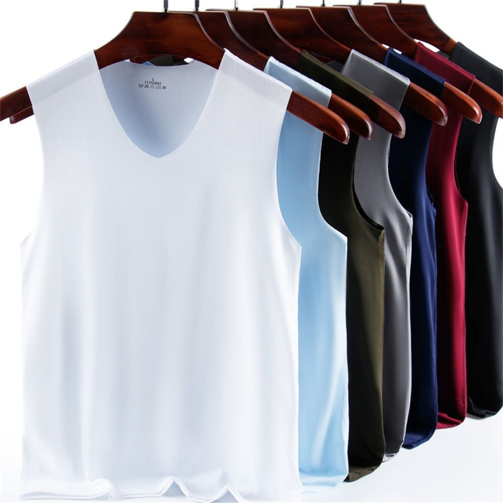 Casual Fashion Stretch Tight Slim Solid Undershirt Ice Silk Seamless Men's Tank Tops