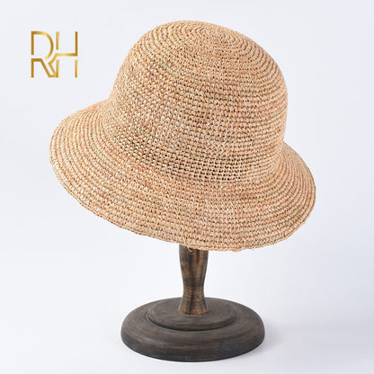 Chapéu de Balde de Crochê Feminino Feito à Mão de Palha de Ráfia Natural para Primavera Verão Praia Aba Larga Pescador