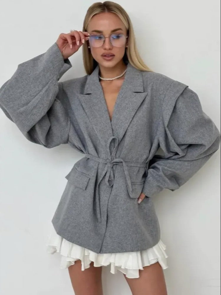 Lace Up Shoulder Pad Blazer Coat Women Elegant Turn-down Collar Long Sleeve Pockets Slim Fit Coats Chic Ladies Commute Outerwear