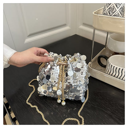 Sequin Chain Women's Portable Bucket Shoulder Bags Retro Ladies Dinner Party Clutch Purse Luxury Design Female Crossbody Bag