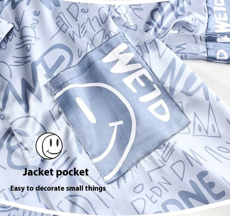 Large Size Men‘s Pajamas Set Ice Silk Cartoon Bear Short-Sleeved Student Two-Piece Button Tops and Pants Youth Student Sleepwear