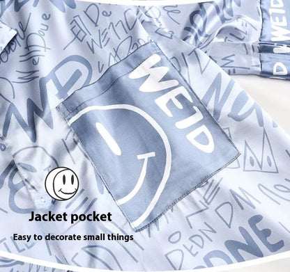 Large Size Men‘s Pajamas Set Ice Silk Cartoon Bear Short-Sleeved Student Two-Piece Button Tops and Pants Youth Student Sleepwear