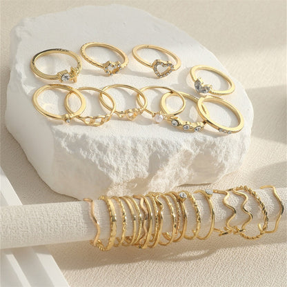 Conjunto de Anéis Articulados de Onda Simples de Moda para Mulheres Anel Feminino de Cor Ouro Prata em Formato de Coração de Cristal Joias de Festa
