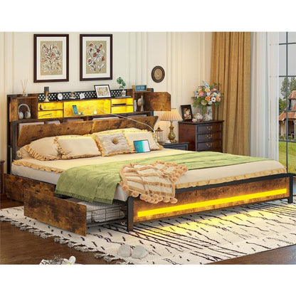 King Size Bed Frame with Storage Drawers and Bookcase Headboard, Wooden Platform King Bed with LED Lights and Charging Station,