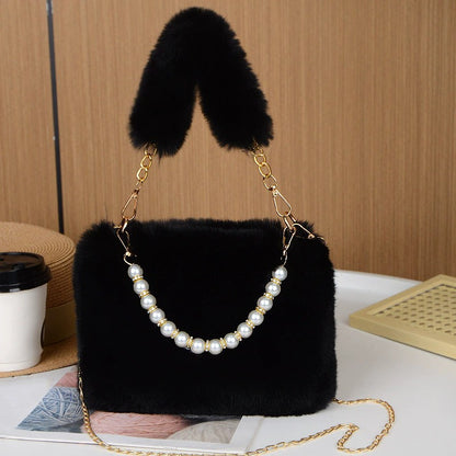 Fashionable Pearl Rabbit Fur Velvet Handbag Women's Crossbody Bag Chain Design Autumn Winter Small Versatile Bag Elegant