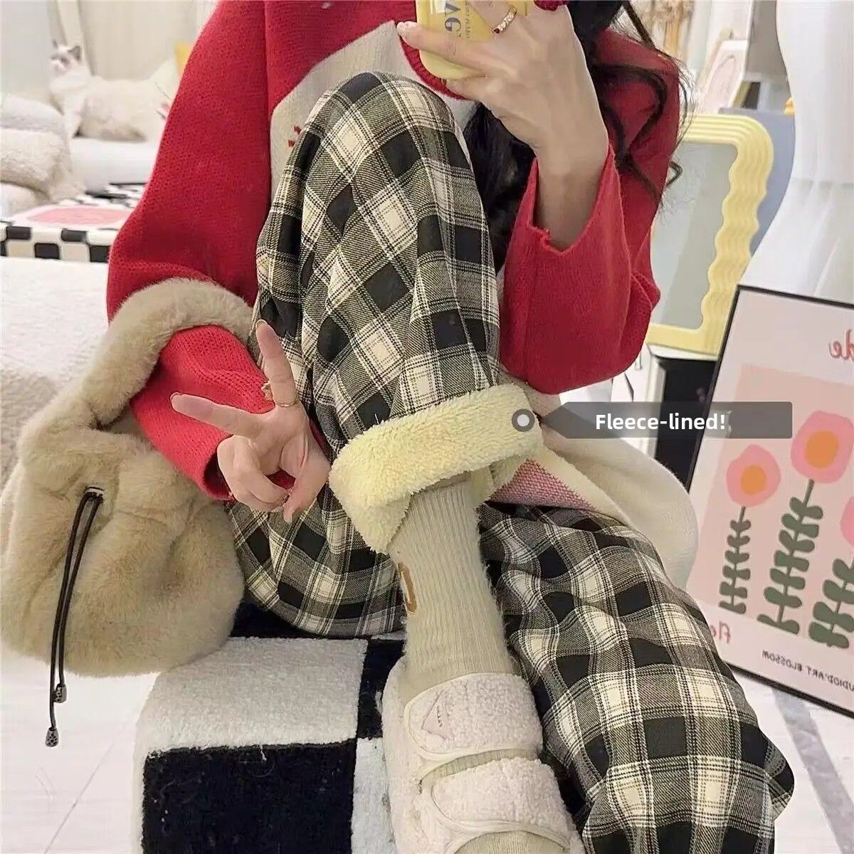 Lamb Velvet Fleece Lined Plaid Wide Leg Pants High Waist Straight Cut Winter New Casual Trousers for Women Korean Style