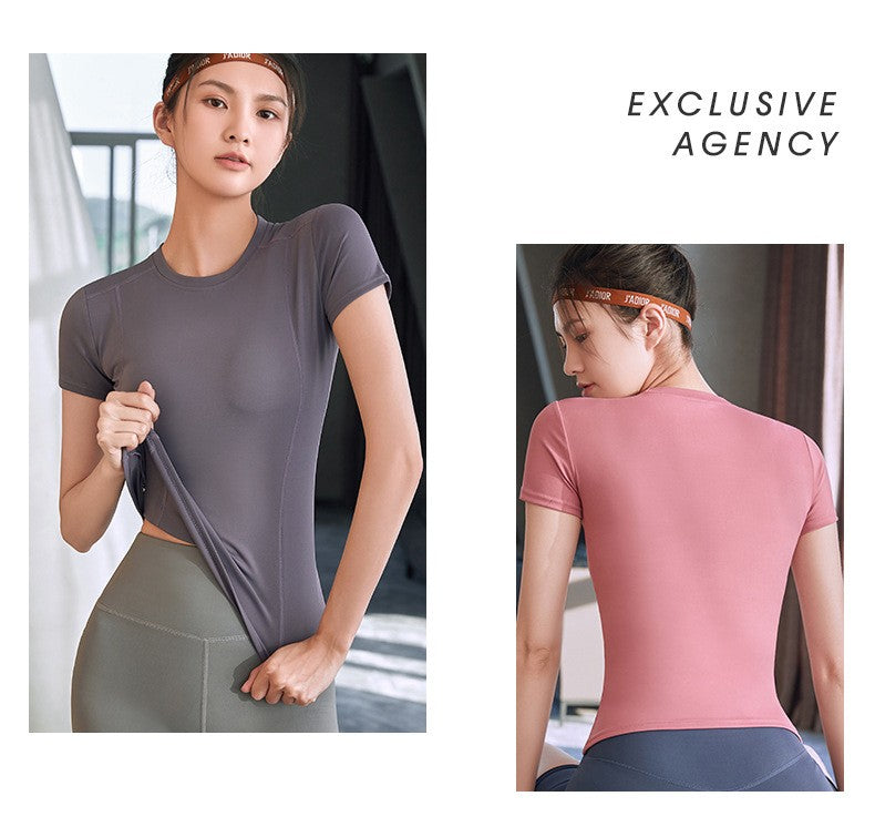 2024 Women's Sports Fitness Clothing Slim Running Sweat Absorbing Skinny Yoga Clothes Quick Drying Clothes Short Sleeved T-shirt