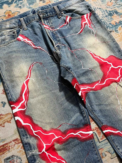 retro y2k gothic lightning graphic jeans wide legs loose loose hip-hop street style men and women fashion clothing