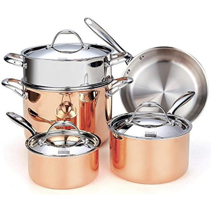 Conjunto de Panelas de Aço Inoxidável Conjunto de Panelas e Frigideiras de Cobre e Aço Inoxidável Revestido em Múltiplas Camadas 8 Peças
