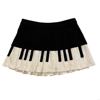 Y3NE Women Schoolgirl High Waist Pleated Flared Vintage Piano Print A Line Mini Skirt